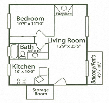 Floor plan for 1 bed, 1 bath, 700 sqft